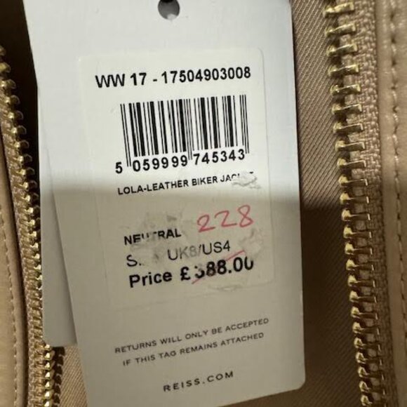 Reiss Camel Lola Leather Biker Jacket, camel with gold hardware, size 4 NWT - Picture 5 of 11